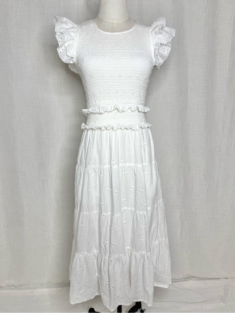Cleobella Emmy Midi Dress Smocked Eyelet Ruffle White Size Small